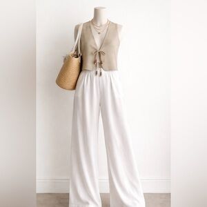 Stradivarius elasticated waist crinkle wide leg trouser in white
